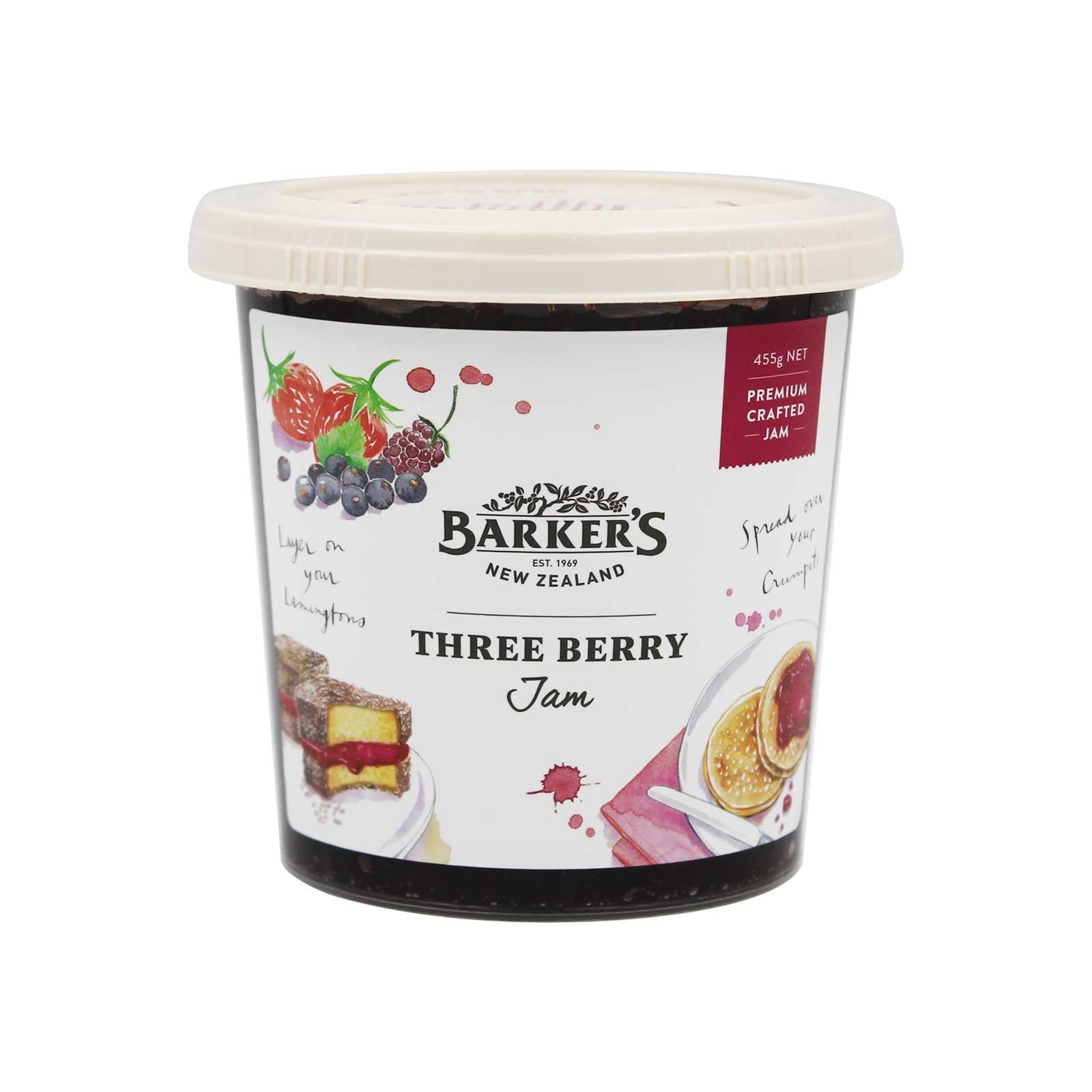 Barkers three berry jam 455g