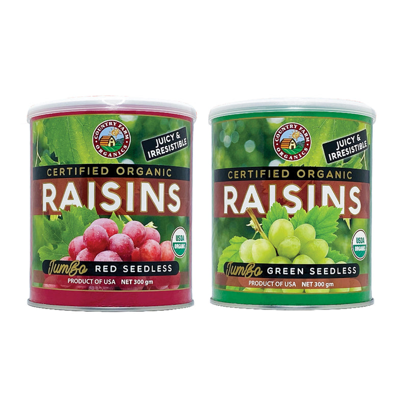 Country Farm Organics Jumbo Size Certified Organic Red and Green Seedless Raisins Twin Pack 300g x 2